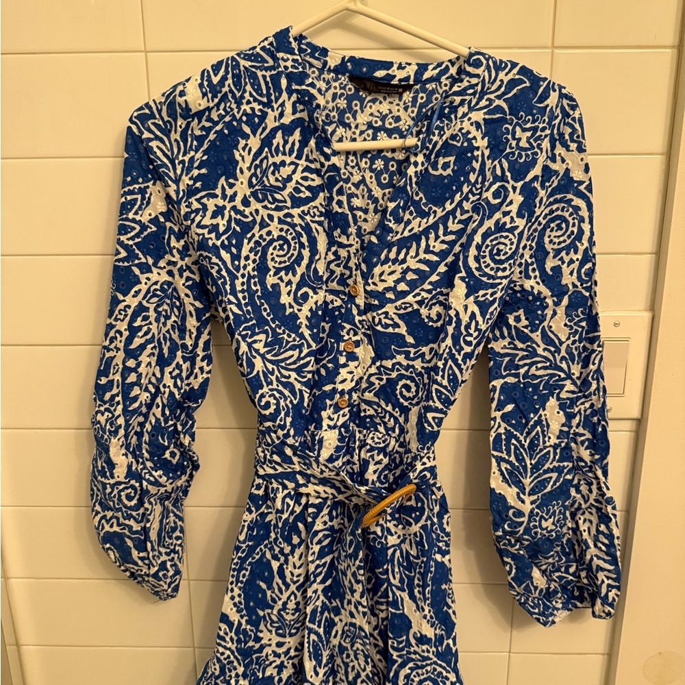Zara Blue and White Long Sleeve Dress